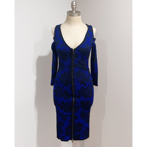 Cache Women's Blue/Black Knit Cold Shoulder Full Zip Bodycon Knit Dress Size XS - Picture 2 of 7